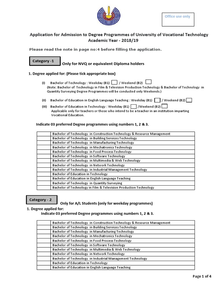 Application For Admission To Degree Programmes of University of ...