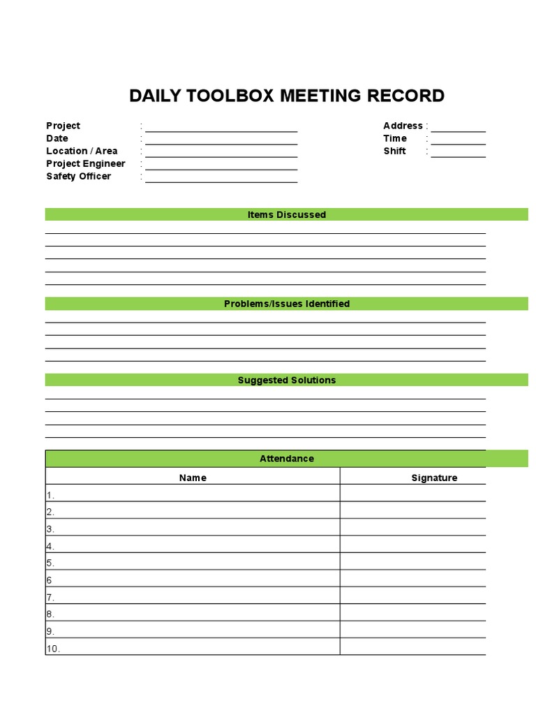 Daily Toolbox Meeting Log | PDF