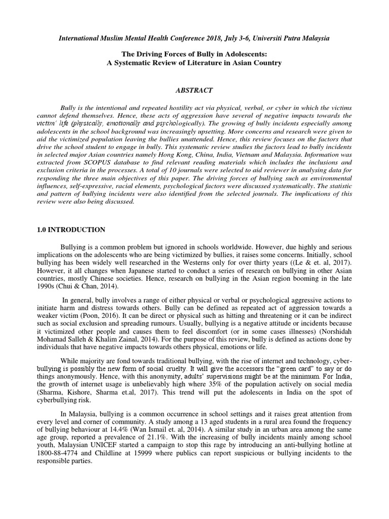 The Driving Forces of Bully in Adolescents A Systematic Review of Literature in Asian Country
