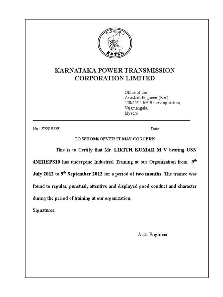 Karnataka Power Transmission Corporation Limited This Is To Certify