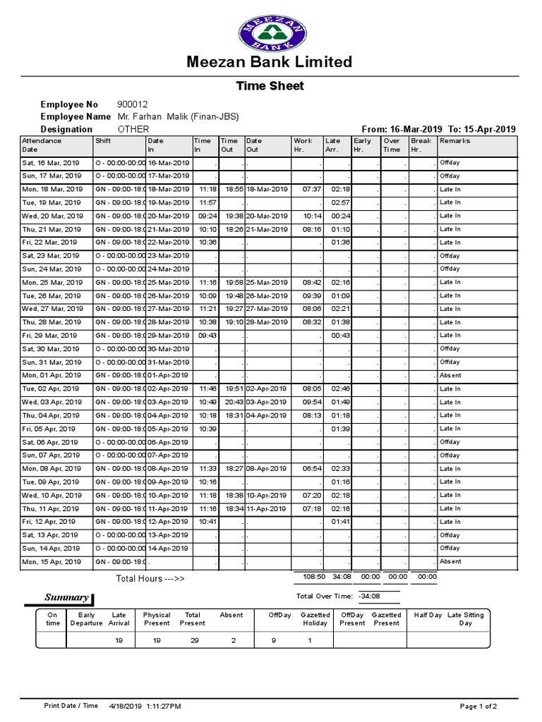 Meezan Bank Limited: Time Sheet | PDF