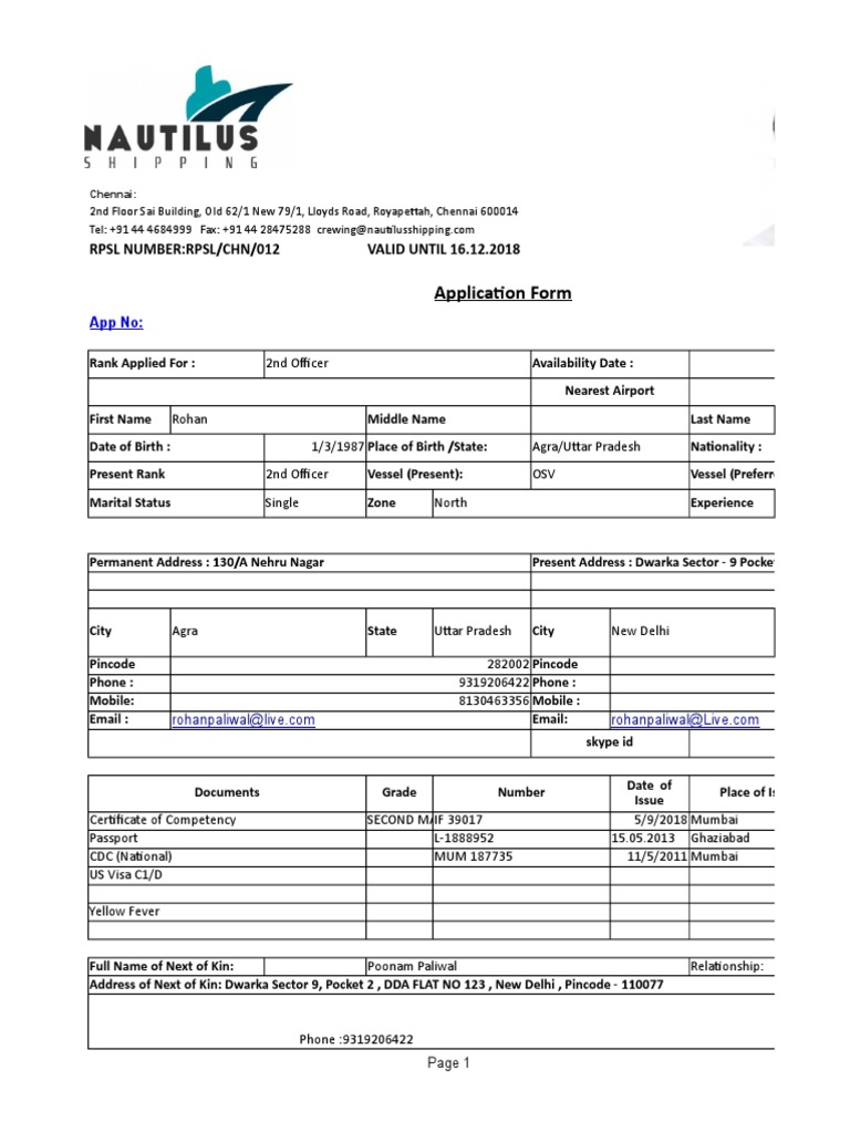 Application Form: RPSL Number:Rpsl/Chn/012 VALID UNTIL 16.12.2018 | PDF ...