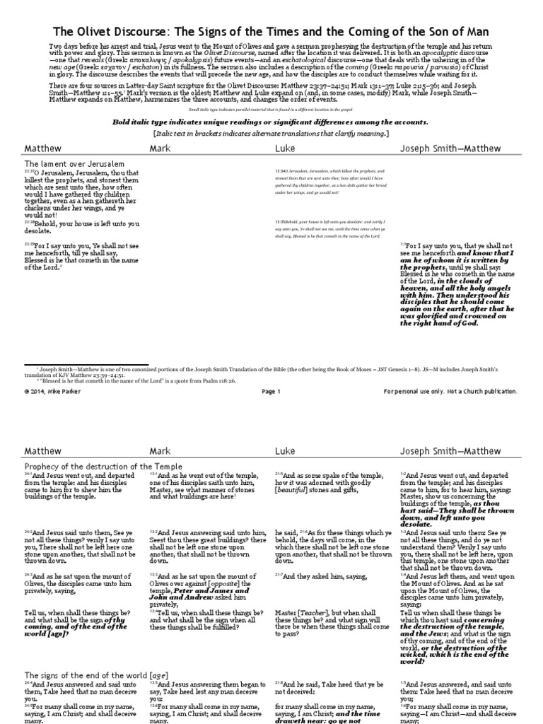 LDS New Testament Handout 08: Parallel Olivet Discourse | PDF | Gospel ...