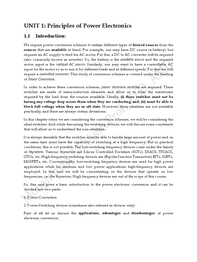 UNIT 1 Principles of Power Electronics PDF Power Electronics