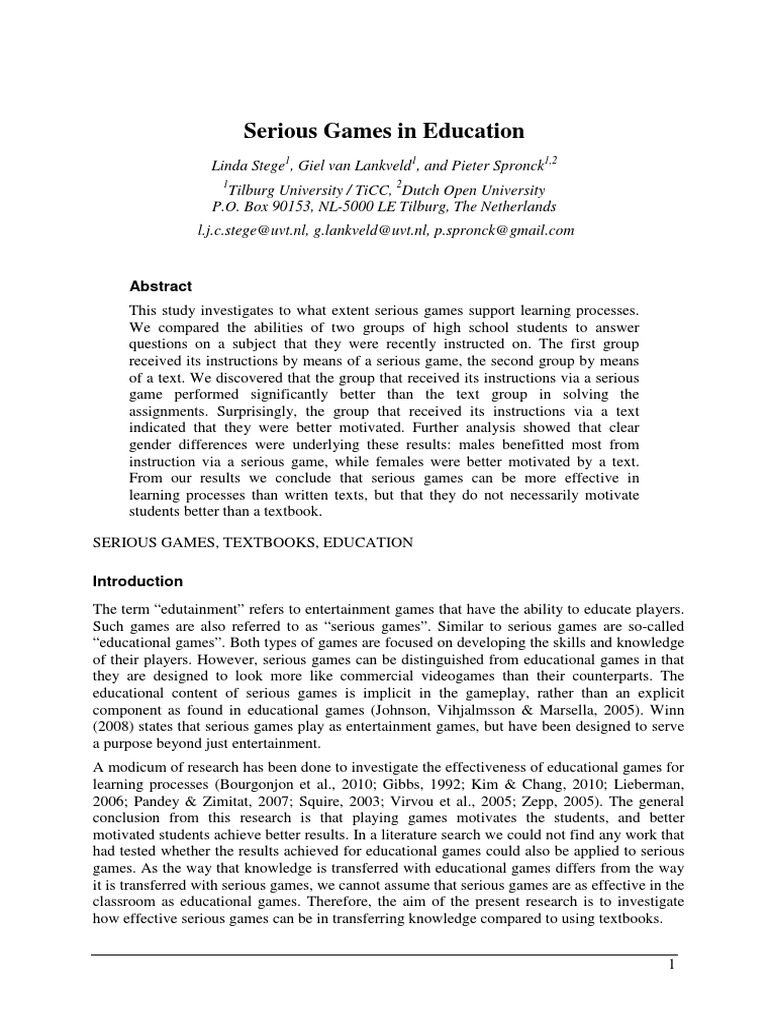 Serious Games vs Textbooks in Education | PDF | Video Games | Motivation