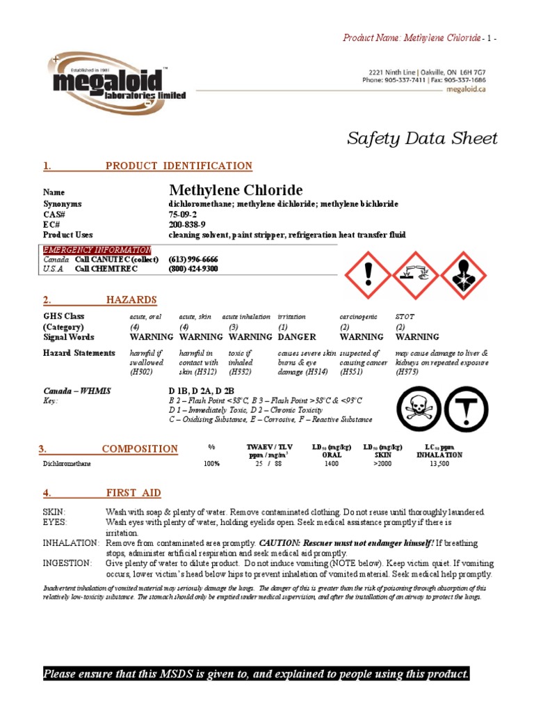 Methylene Chloride Safety Data Sheet Download Free PDF Volatile