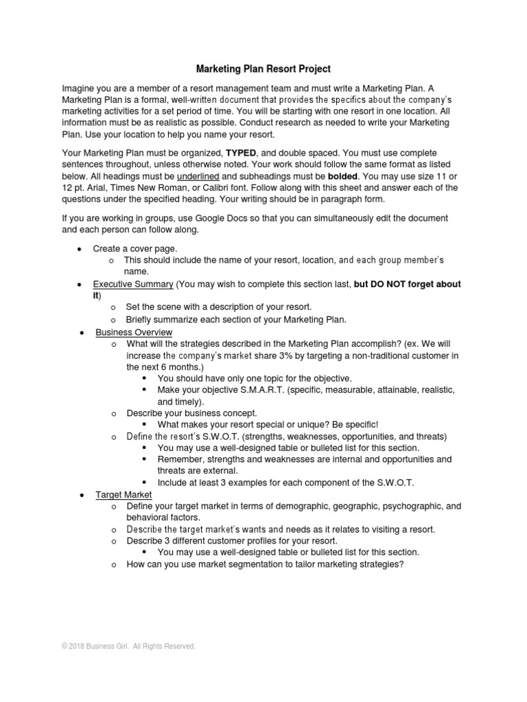 Marketing Plan Resort Project Instructions 1 | PDF | Marketing | Swot ...