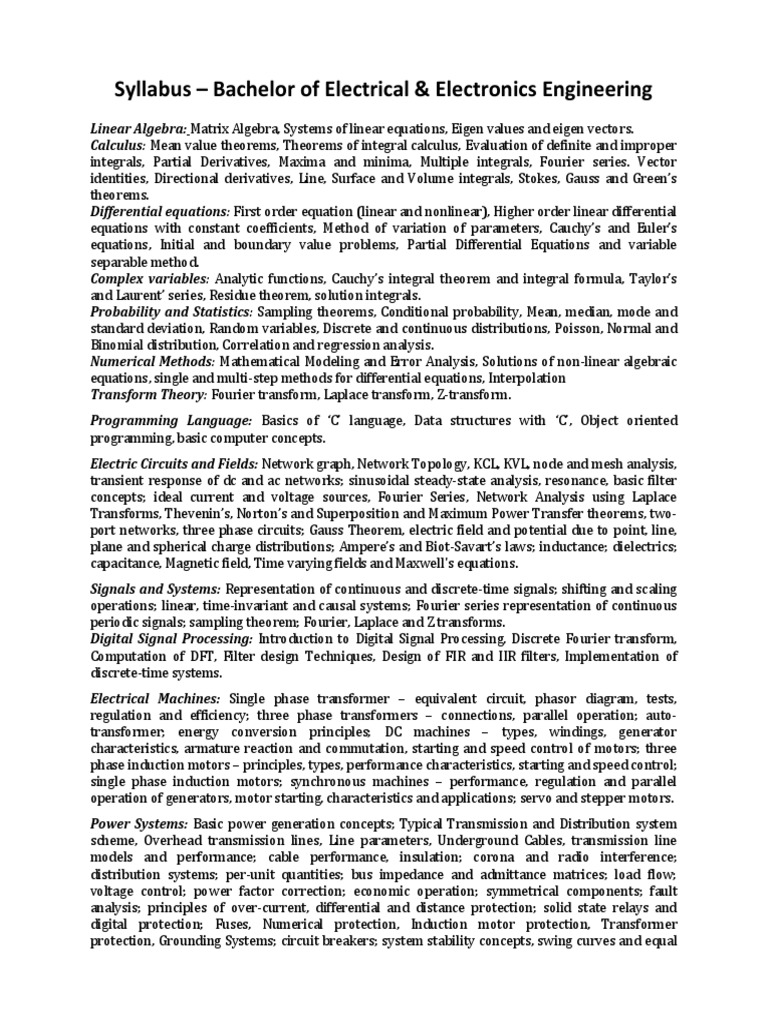 Bachelor of Electrical Engineering Syllabus | PDF | Partial ...
