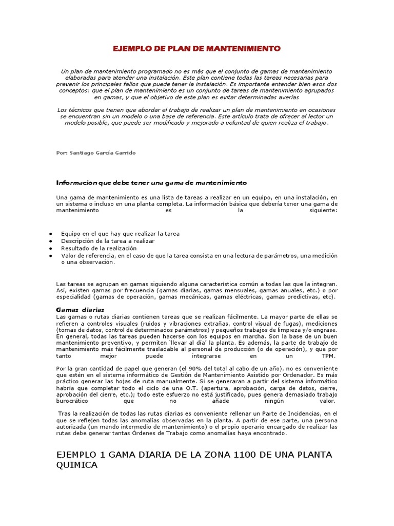 Ejemplo De Plan De Mantenimiento Ejemplo 1 Gama Diaria De La Zona 1100 De Una Planta Quimica Presupuesto Transporte