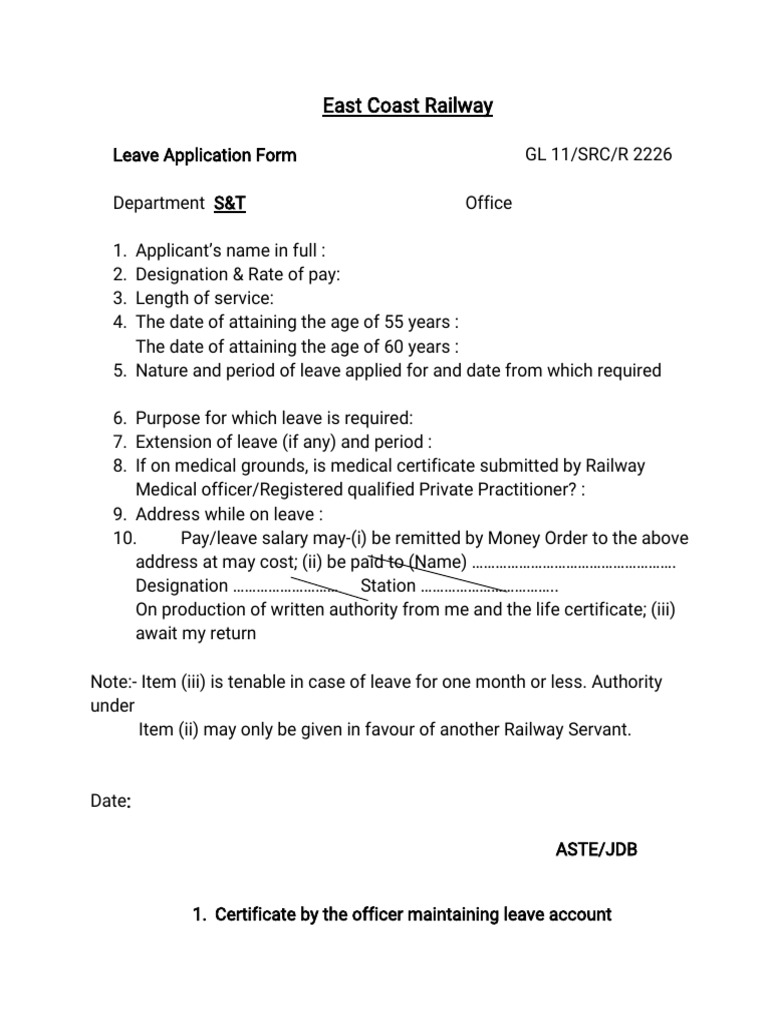 East Coast Railway Leave Application Form | PDF