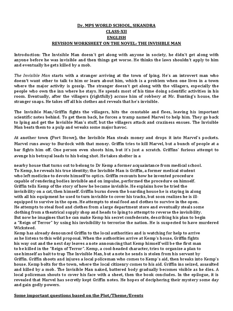 Dr. Mps World School, Sikandra Class-Xii English Revision Worksheet On ...