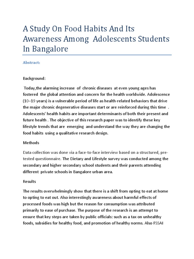 A Study On Food Habits and Its Awareness Among Adolescents Students in ...