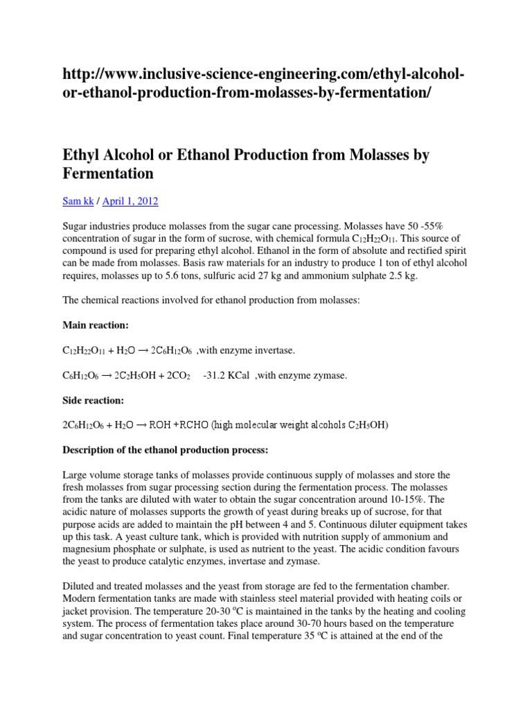 Ethyl Alcohol or Ethanol Production From Molasses by Fermentation PDF