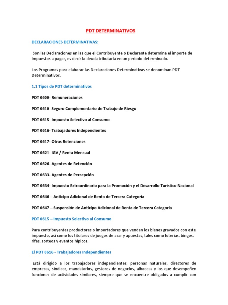 Tipos de PDT Determinativos y Funciones | PDF | Impuesto sobre la renta ...