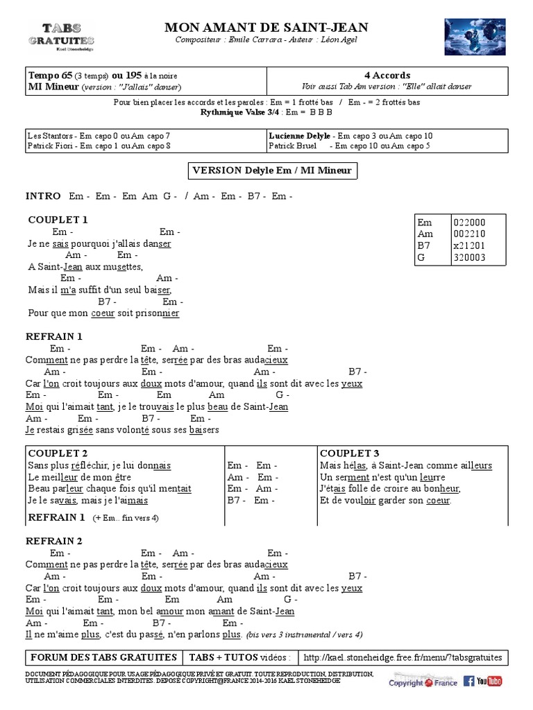 mon amant de saint jean paroles et accords en em pdf loisirs divertissement general