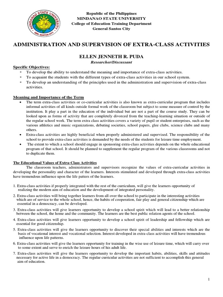 Administration of Extra-Class Activities | PDF | Schools | Teachers