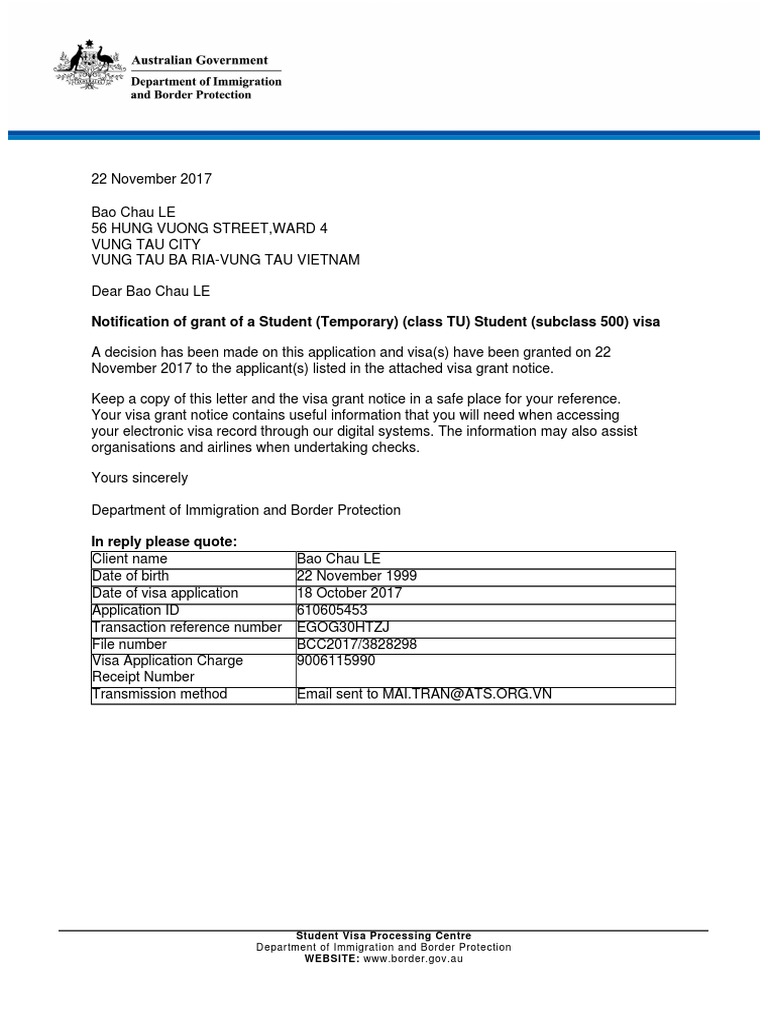 Notification of Grant of A Student (Temporary) (Class TU) Student 