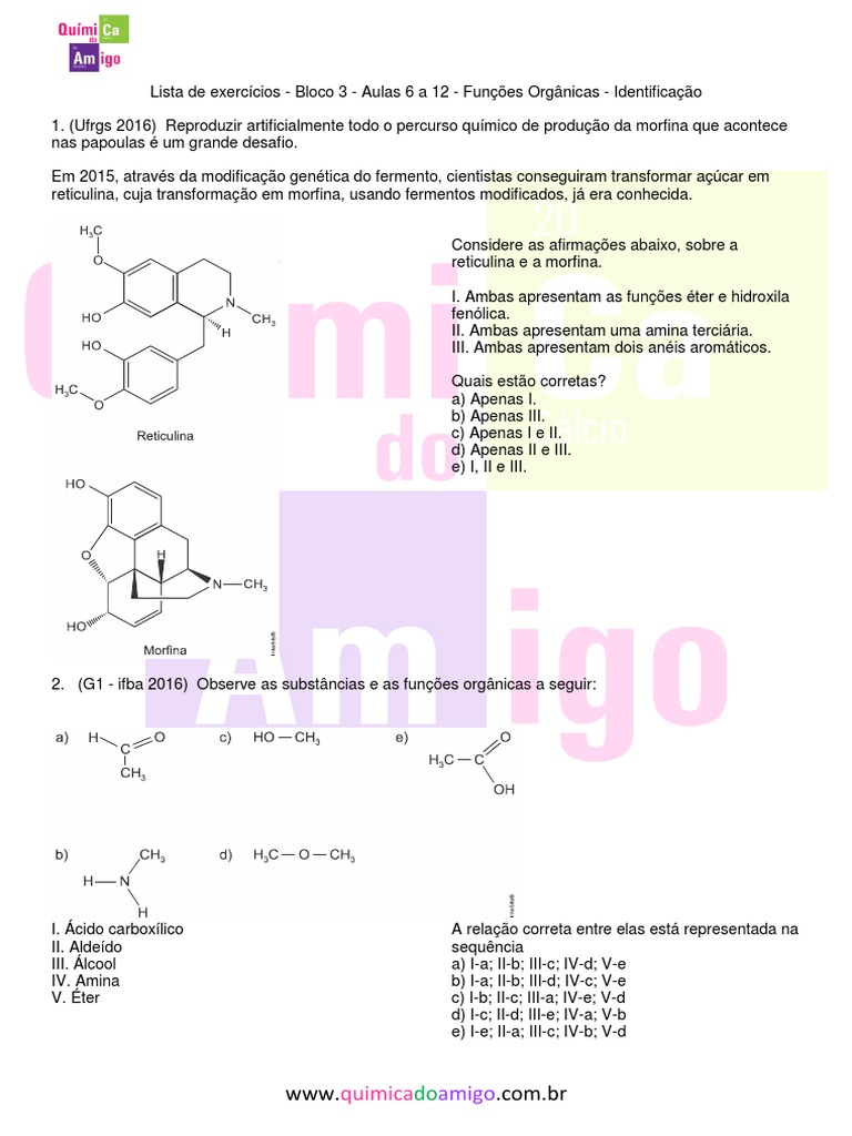 Exercícios sobre Identificação de Funções Orgânicas | PDF | Amina | Isômero