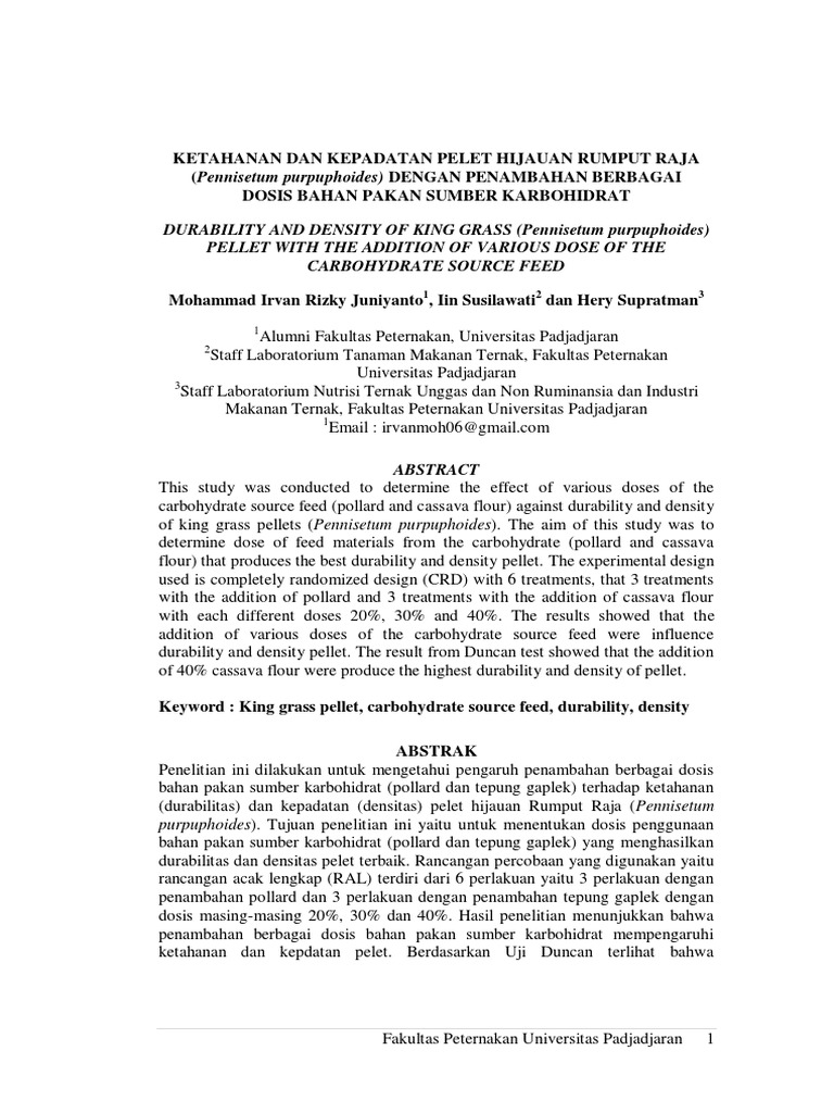 Durabilitas Pelet Rumput Raja dengan Karbohidrat | PDF