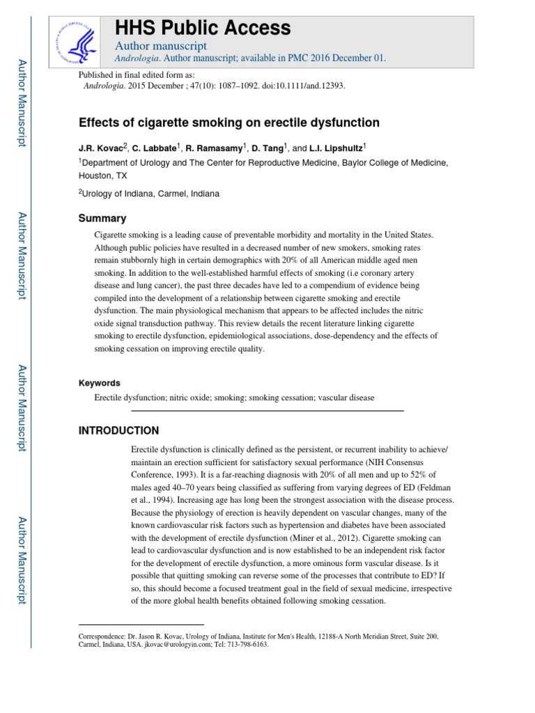 HHS Public Access: Effects of Cigarette Smoking On Erectile Dysfunction ...