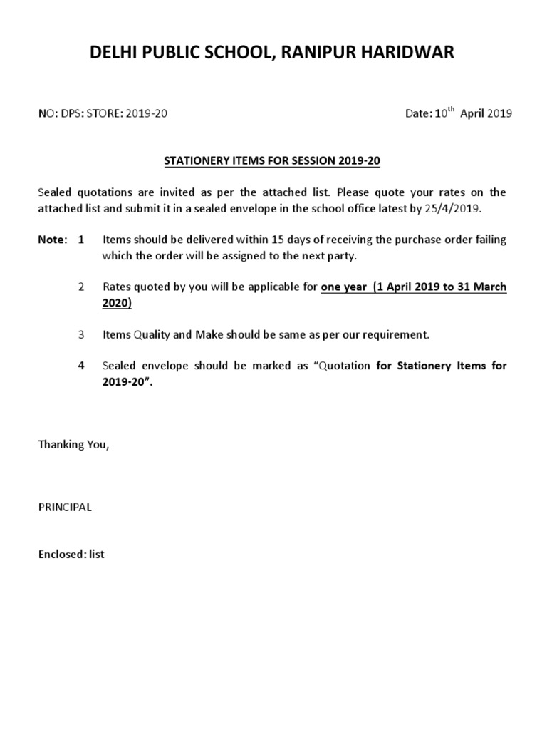 Quotation For Stationery Items PDF Envelope Printing Materials