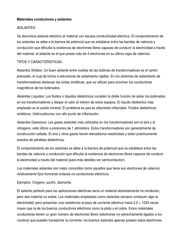 Materiales Aislantes y Conductores Eléctricos | PDF | Aislador ...