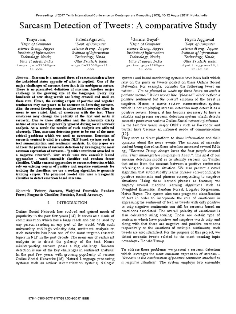 Sarcasm Detection of Tweets | PDF | Statistical Classification ...