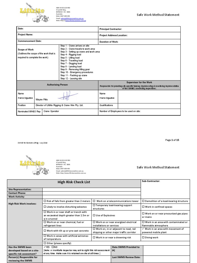General Lifting SWMS Document 2016 | PDF | Crane (Machine ...