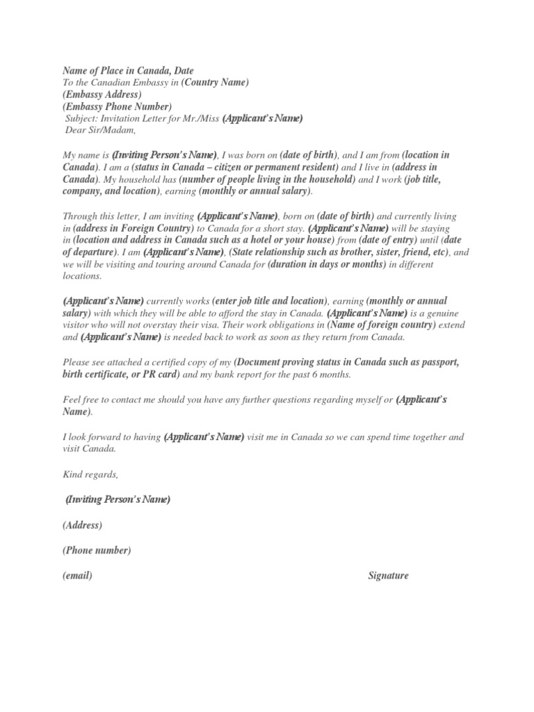 Canada Visa Invite Letter Format | PDF