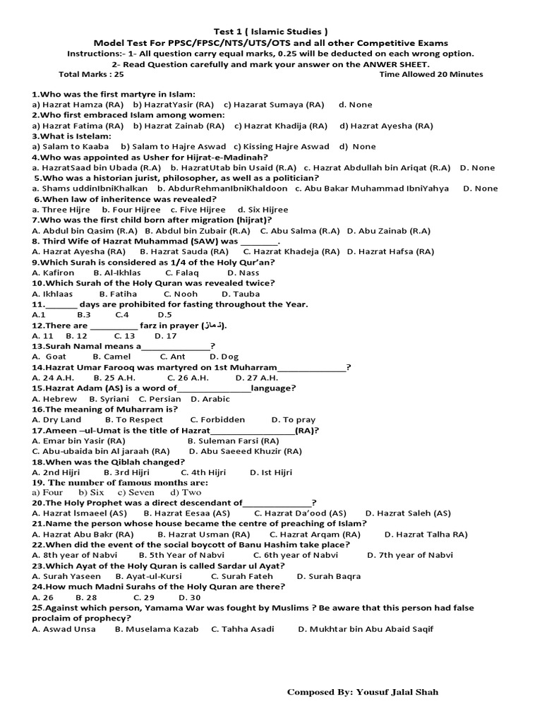 Islamic Studies Test for Competitive Exams | PDF | Muhammad | Life Of ...