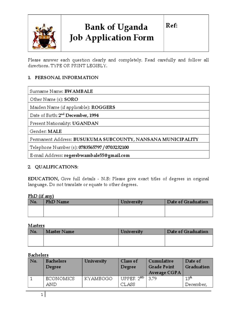 BOU Job Application Form 170812 | PDF | Academic Degree
