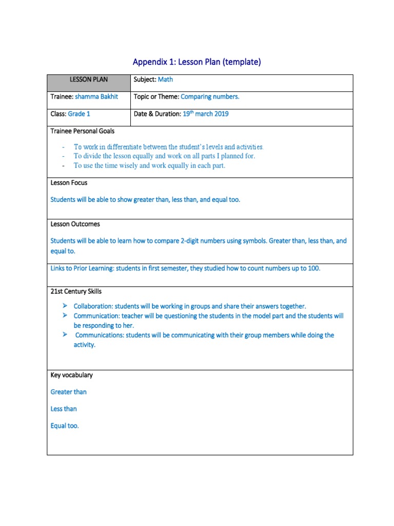Grade 1 Math Lesson Plan: Comparing Numbers | PDF | Lesson Plan ...