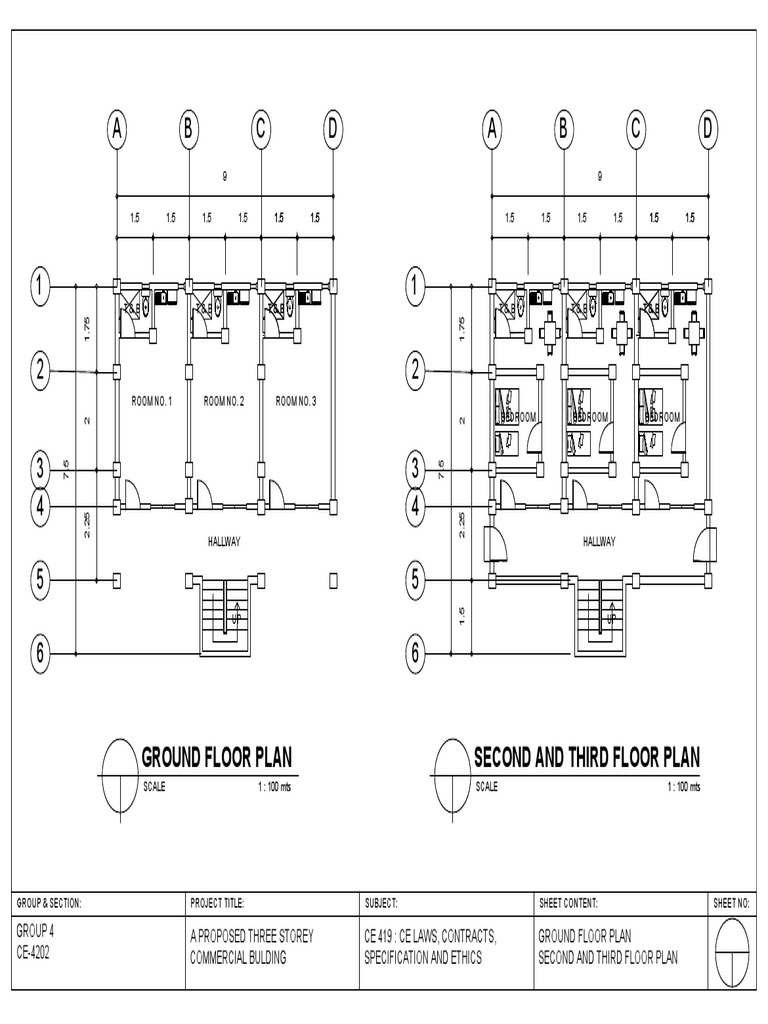 A B C D A B C D: Ground Floor Plan Second and Third Floor Plan | PDF ...