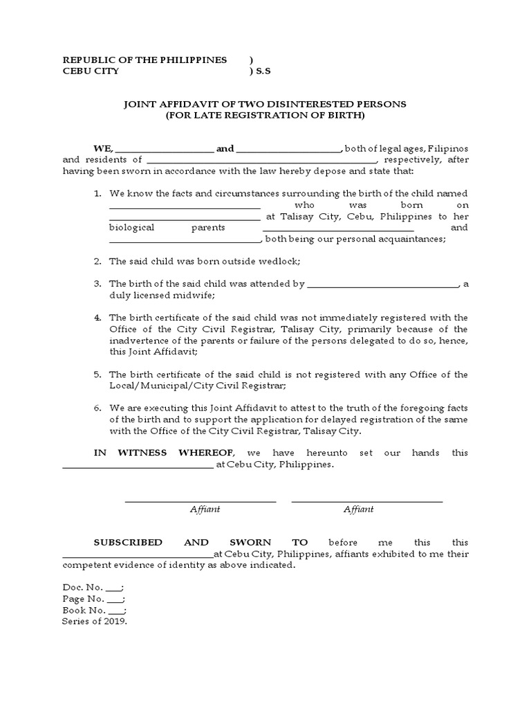 Joint Affidavit (For Late Registration) Sample PDF