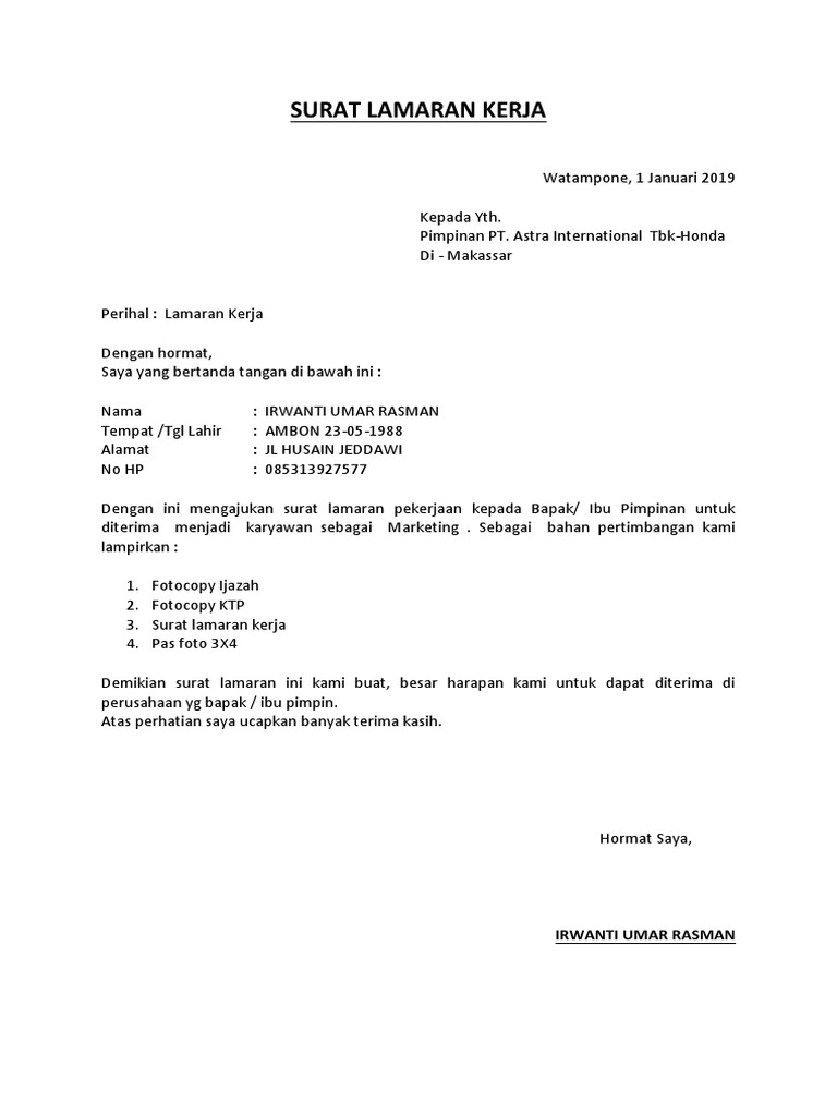 Contoh Surat Lamaran Kerja Di Ptastra International - Bagi ...