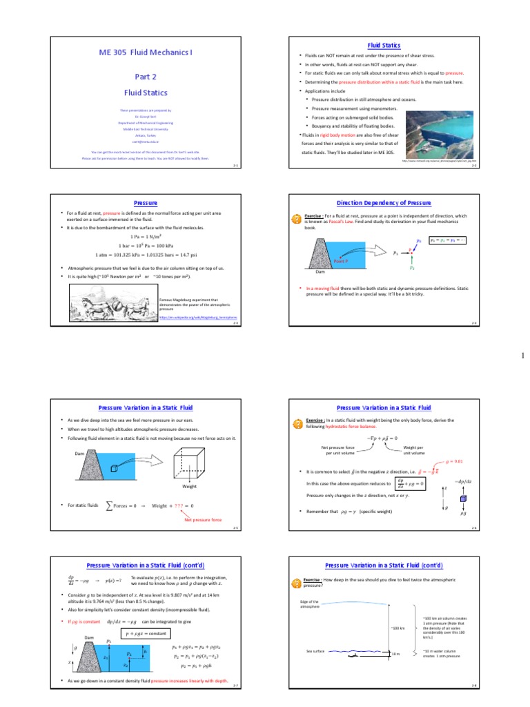 ME 305 Part 2 Fluid Statics PDF | PDF | Pressure Measurement | Pressure