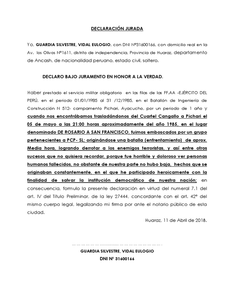 Declaración Jurada de Servicio Militar | PDF | Perú | Servicio militar