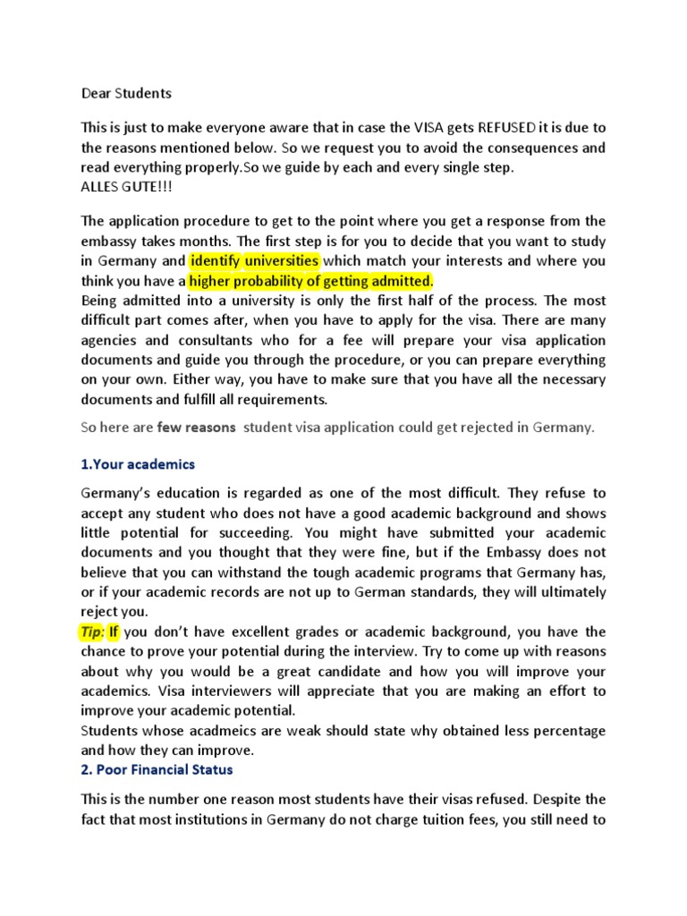 Cause of Rejection and SOP International Student University