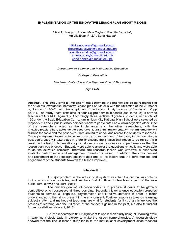 Innovative Meiosis Lesson Plan Study | PDF | Teachers | Science Education