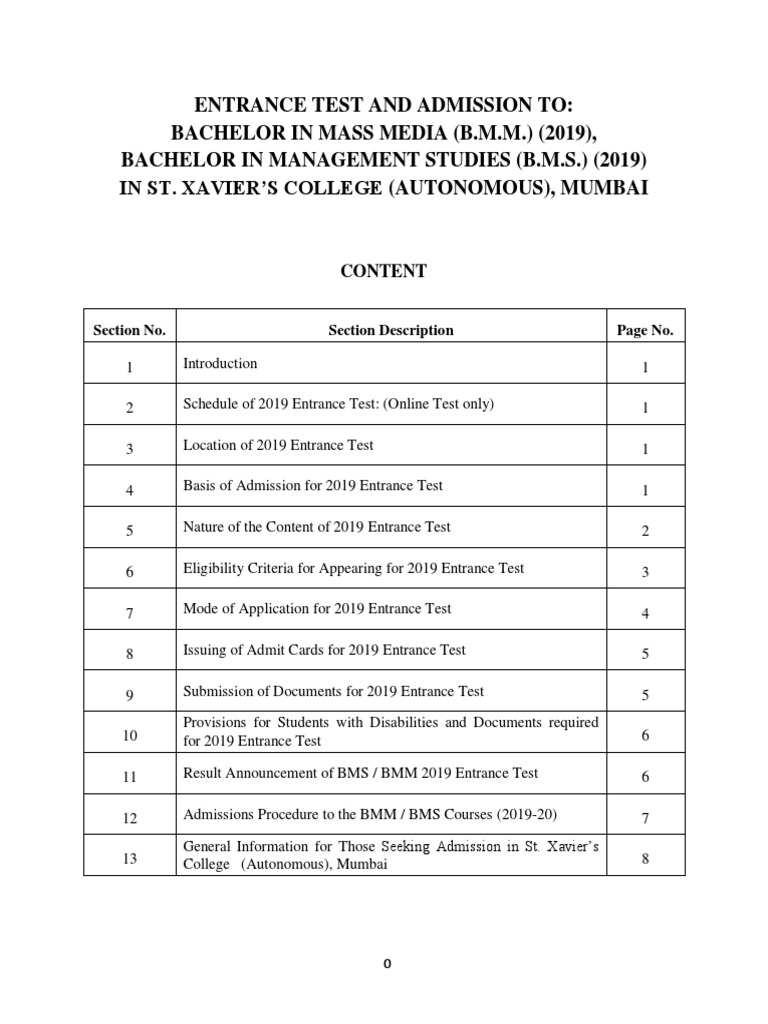 BMM Bms Entrance Test 2019 Revised Notice 2 PDF University And