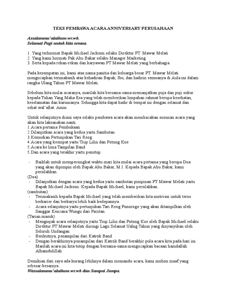 Teks Pembawa Acara Anniversary Perusahaan Pdf