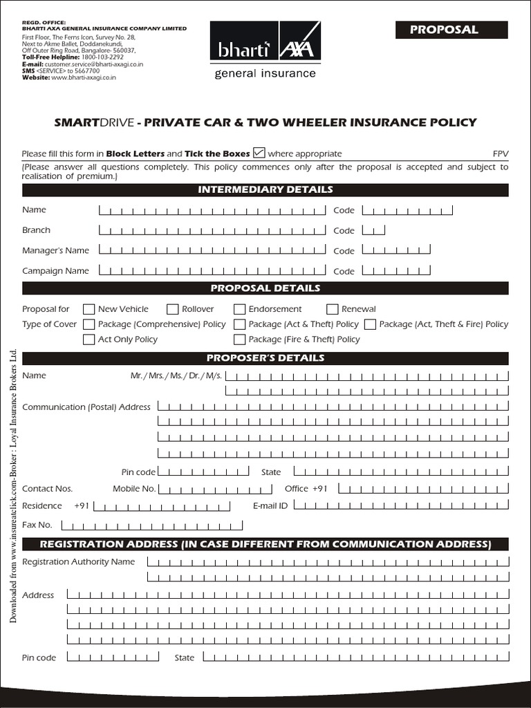 Bharti Axa Car Insurance Proposal Form PDF Vehicle Insurance