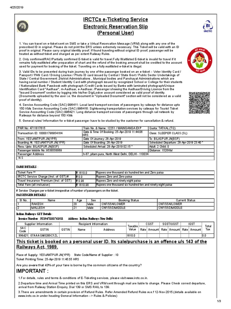 IRCTC e-Ticketing Guidelines and Info | PDF | Identity Document ...