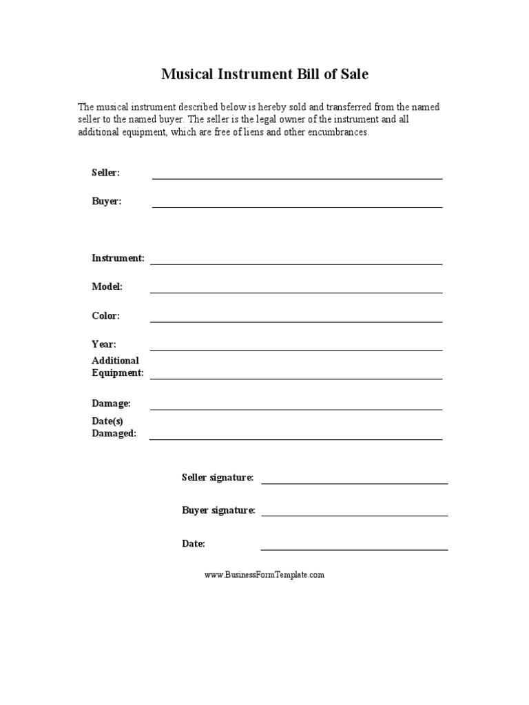 Musical Instrument Bill of Sale Template | PDF