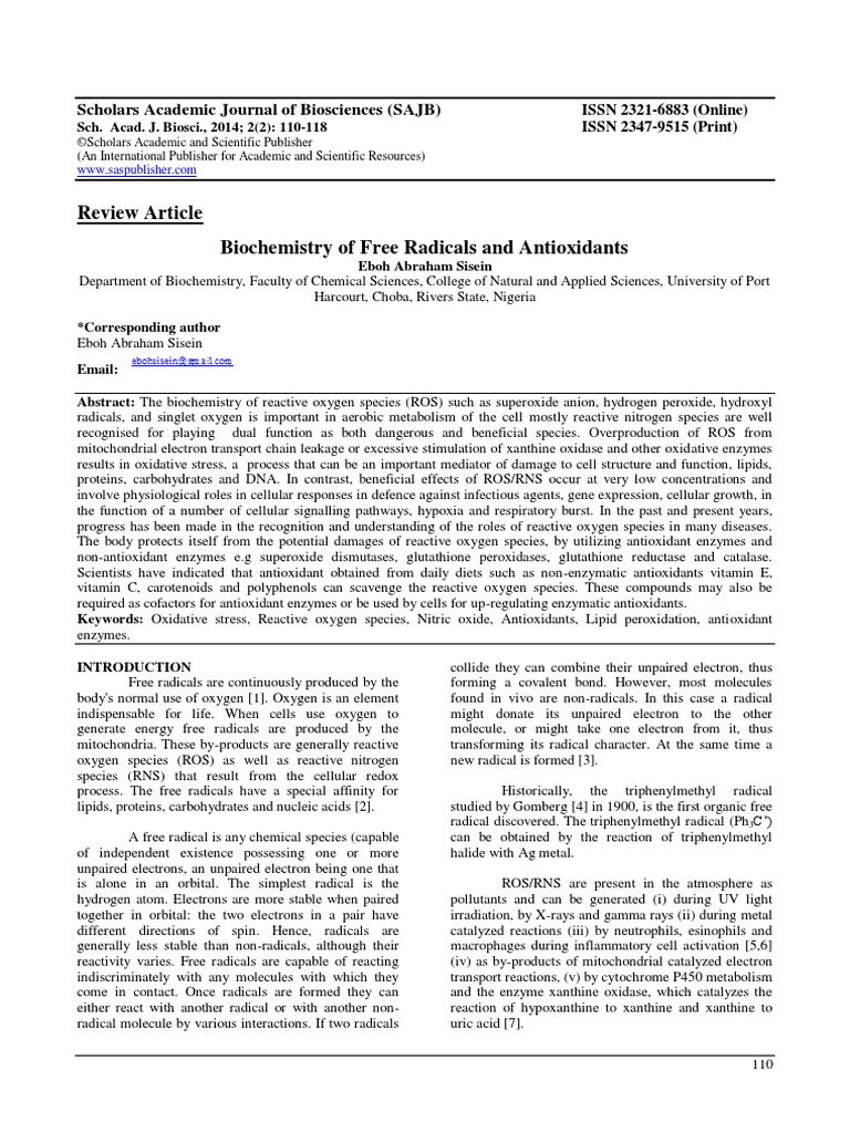 Biochemistry of Free Radicals and Antioxidants PDF Antioxidant