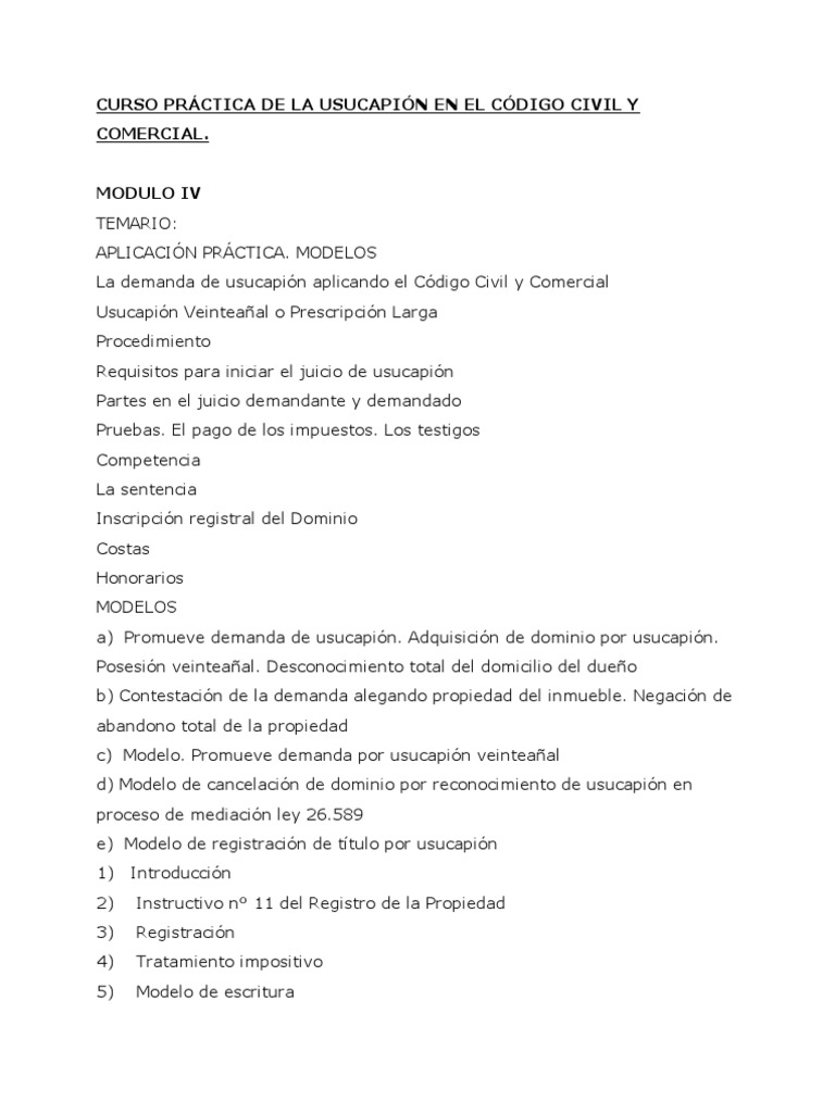 Curso Usucapion. Modelo de Escrito Emperador Potito PDF | PDF | Posesión  (Ley) | Propiedad
