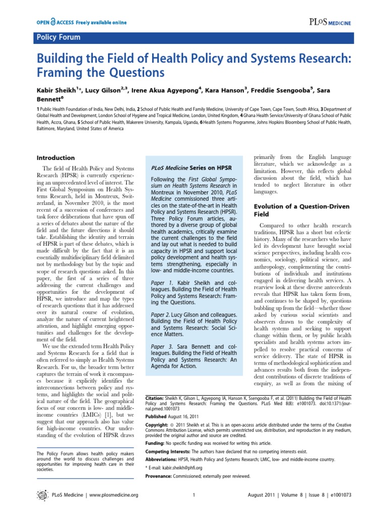 Building The Field of Health Policy and Systems Research | PDF | Health ...