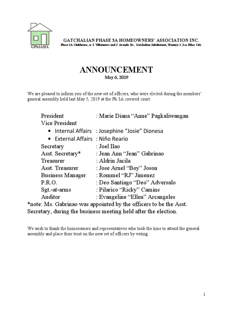 Announcement New Homeowners Association Officers PDF