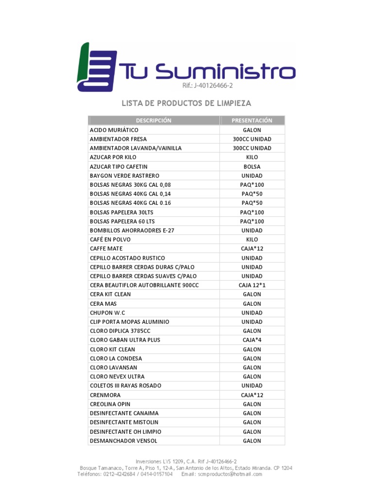 Lista de Productos de Limpieza PDF