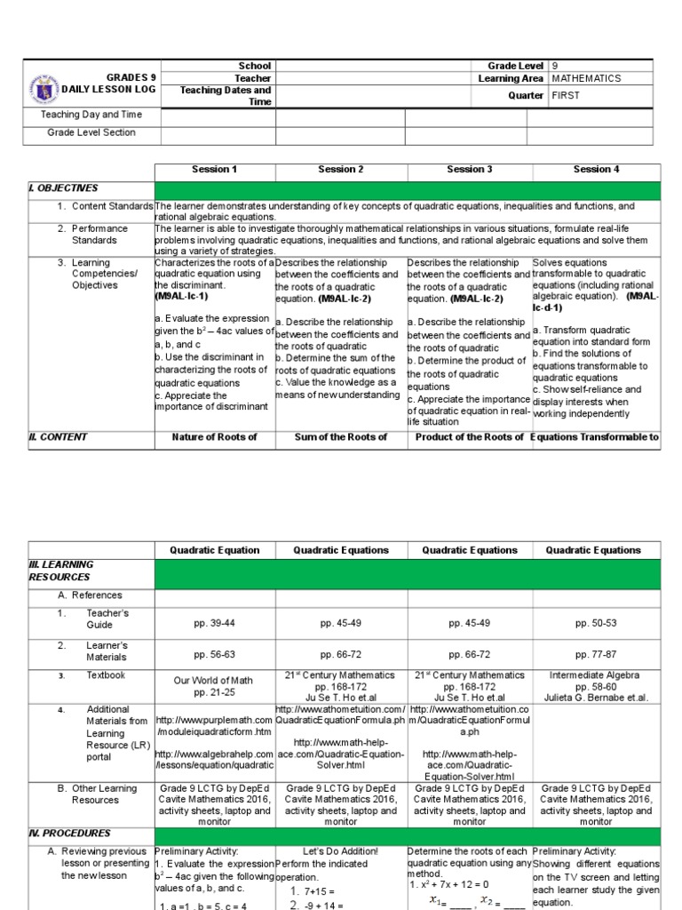 Grade 9 math lesson on quadratic equations | PDF | Quadratic Equation ...